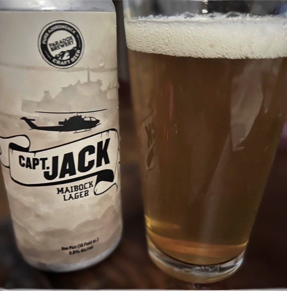 Can and glass of Capt. Jack Maibock Lager.