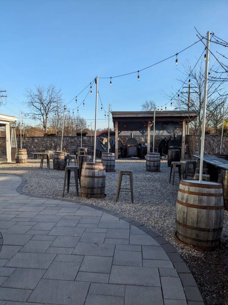 Outside seating with tables.