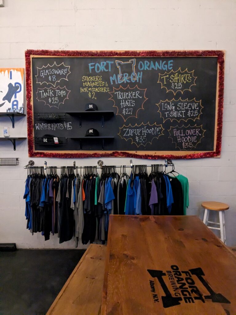 Fort Orange Brewing merchandise wall.