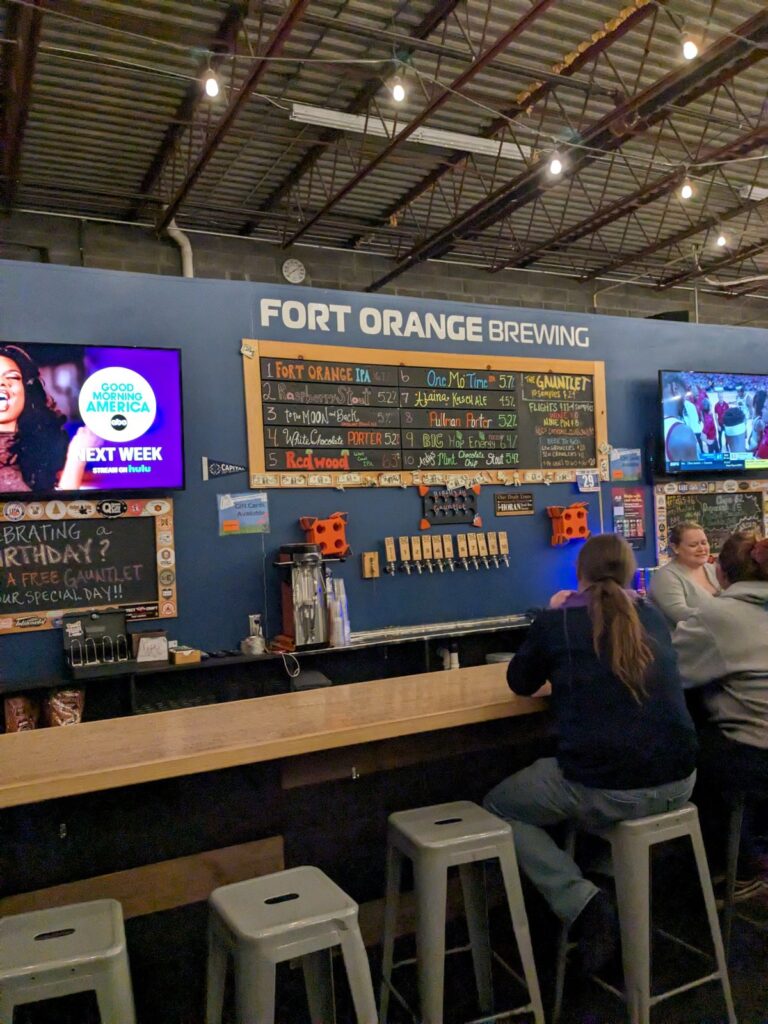 The bar and tap list at Fort Orange Brewing.