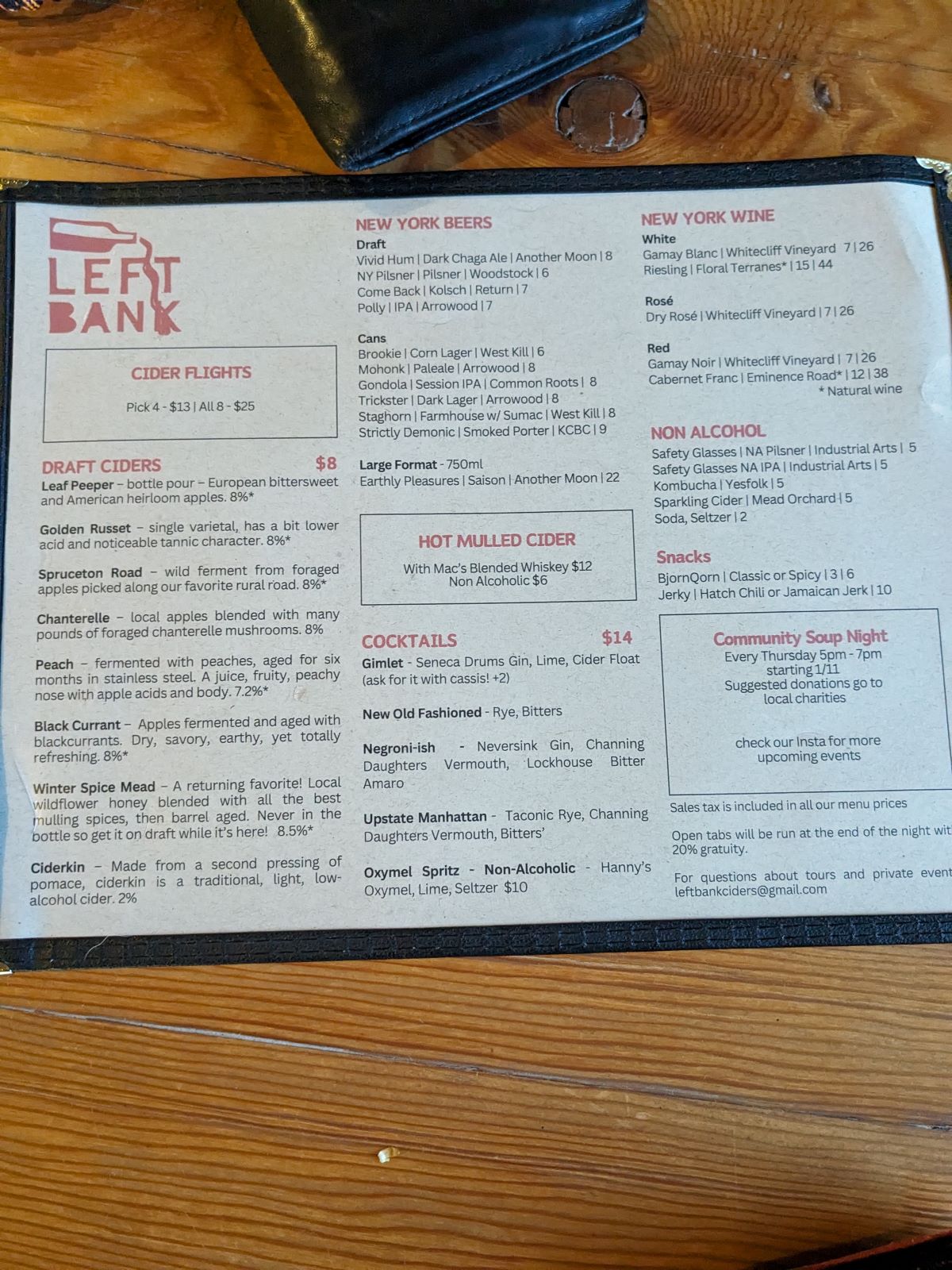 Tap List and bar menu at Left Bank Ciders.