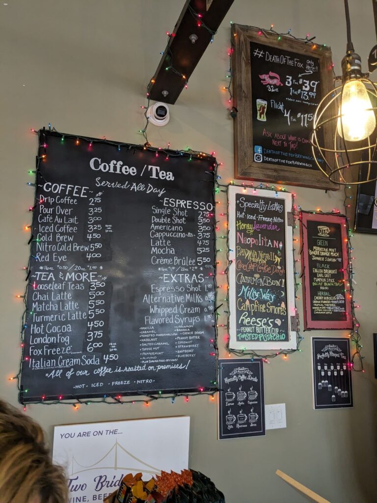 Coffee/Tea and Latte list.