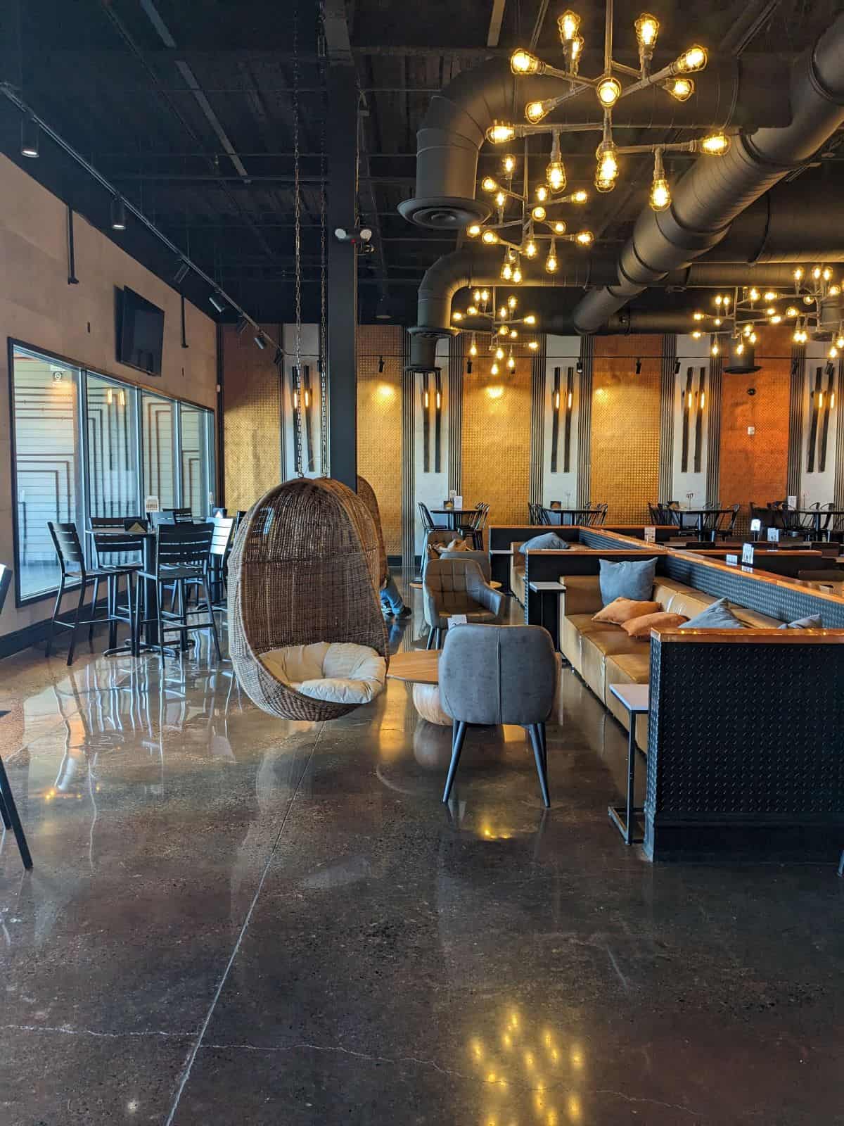 Seating area with couches and hanging chairs.