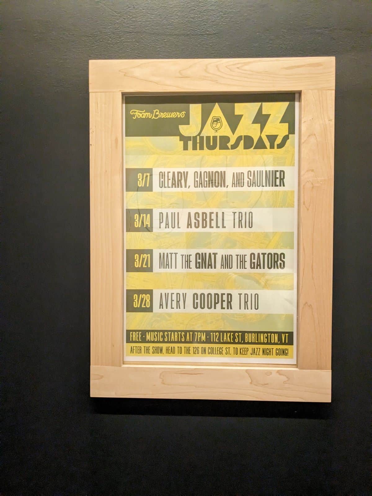 Foam Brewers list of jazz artists performing at the brewery.