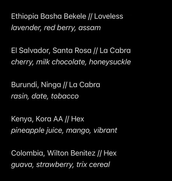 Single origin coffee list.