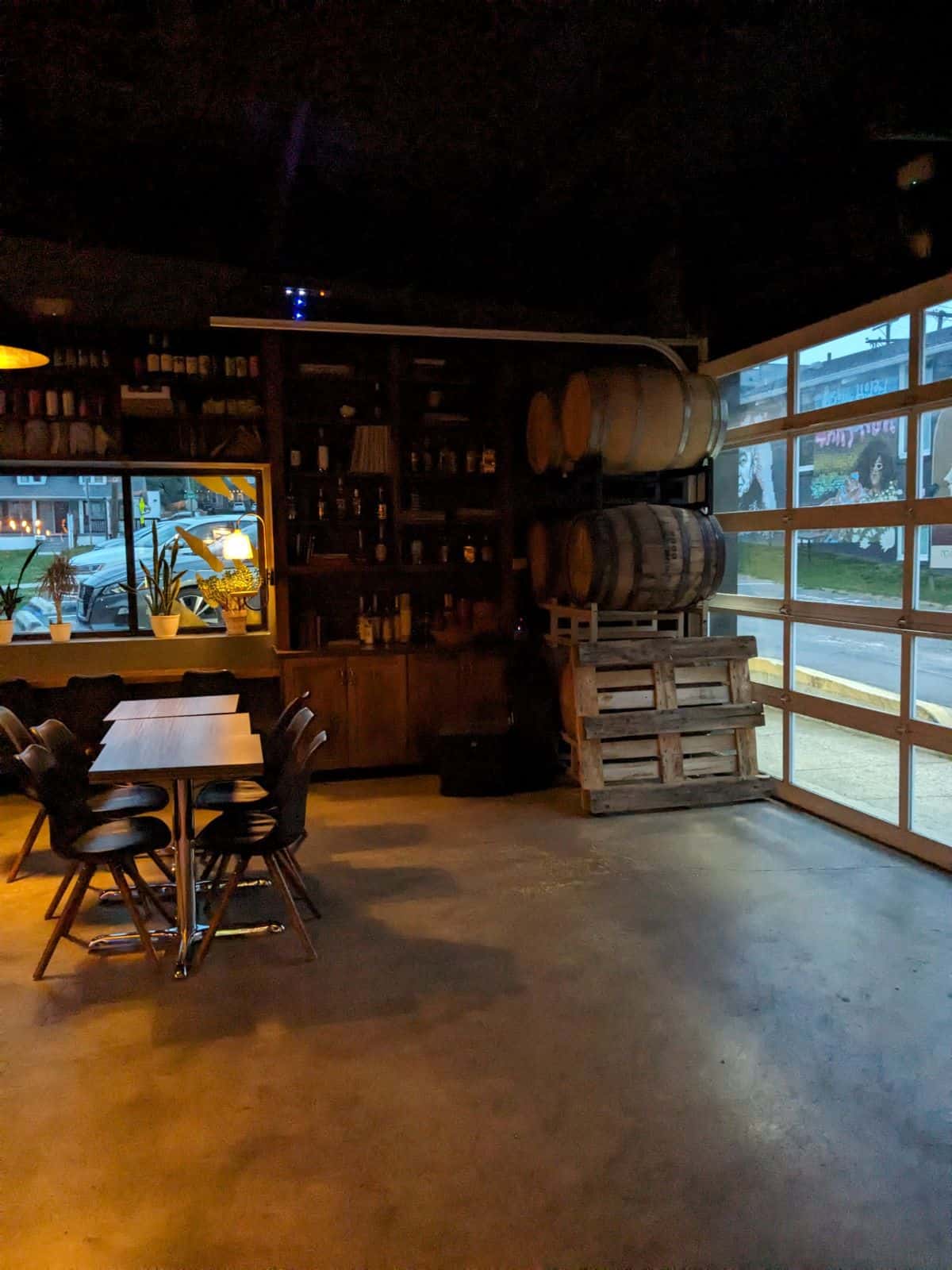 Seating area with garage door.