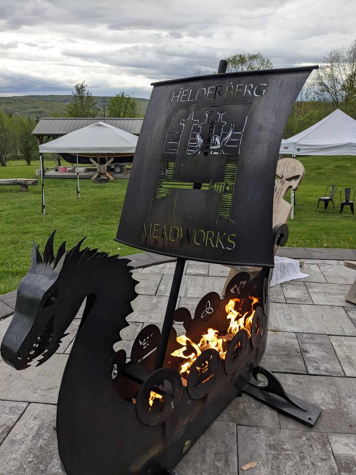 Iron Viking boat fireplace.