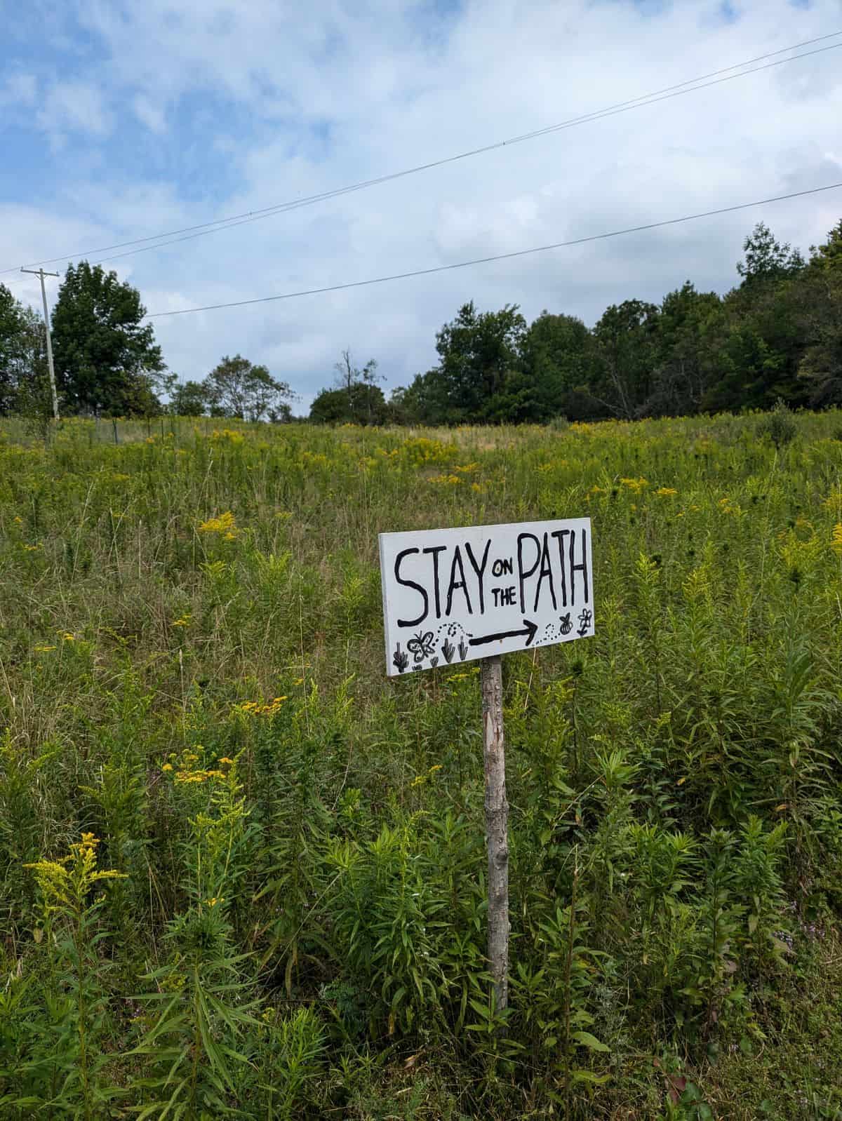 Stay on the path sign surrounded by flowers.